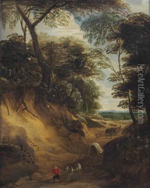 A Wooded Landscape With Wagons Passing Through A Hollow, Sandy Road Oil Painting - Lodewijk De Vadder