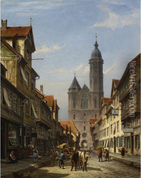 Dutch Street Scene With Cathedral Oil Painting - Cornelis Christiaan Dommersen
