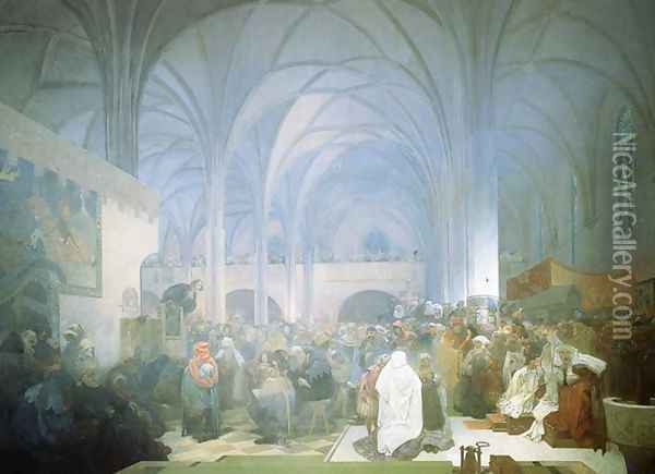 Master Jan Hus Preaching at the Bethlehem Chapel. 1916 Oil Painting - Alphonse Maria Mucha