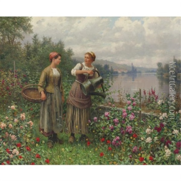 Madeleine & Maria On The Terrace Oil Painting - Daniel Ridgway Knight
