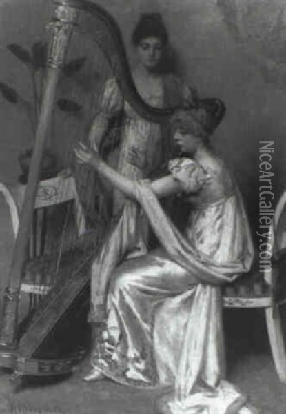 Harp Spelende Vrouwe Oil Painting - Marie Wandscheer