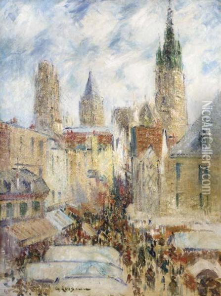 La Rue De L'epicerie A Rouen, Jour De Marche Oil Painting - Gustave Loiseau