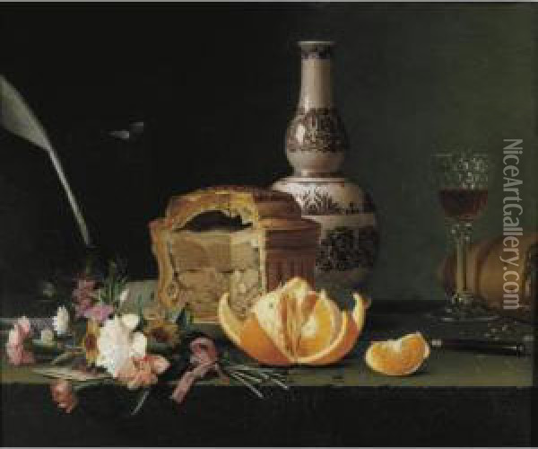 Still Life With A Pie, Orange And Flowers On A Ledge Oil Painting - Pierre Etienne Remillieux