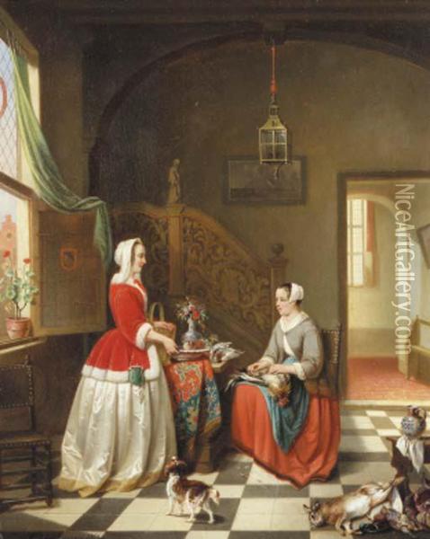 A Lady Giving Instructions To Her Maid In A 17th Centuryinterior Oil Painting - Alexis van Hamme