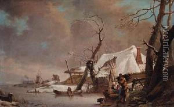 A Winter Landscape With Faggot Gatherers On A Frozen Waterway By Acottage Oil Painting - Hendrick Willelm Schweickhardt