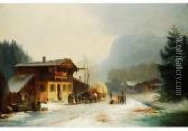 Gebirgsdorf Im Winter Mit Pferdefuhrwerk Oil Painting - Anton Doll