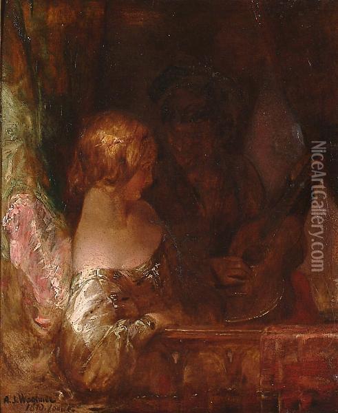 A Lady Being Serenaded On A Balcony. Oil Painting - Alfred Joseph Woolmer
