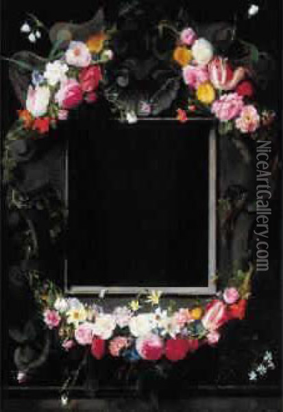 Guirlande De Fleurs Autour D'un Miroir Central Oil Painting - Daniel Seghers