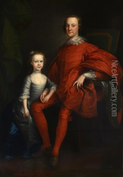 Portrait Of A Gentleman In A Red Suit And His Daughter Oil Painting - Josef van Aken