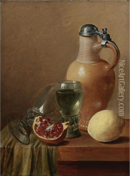 Still Life With A Jug And Pomegranate Oil Painting - Gillis Jacobsz. Hulsdonck