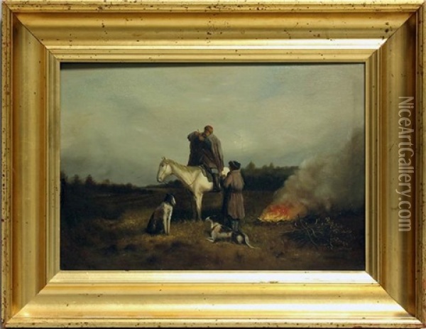 Zwei Jager Mit Pferd Und Barsois Am Lagerfeuer Oil Painting - Petr Petrovich Sokolov