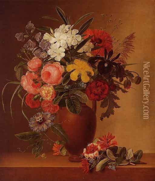 Still Life with Flowers in an Earthenware Vase Oil Painting - Johan Laurentz Jensen