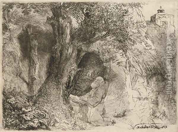 Saint Francis beneath a Tree praying Oil Painting - Rembrandt Van Rijn