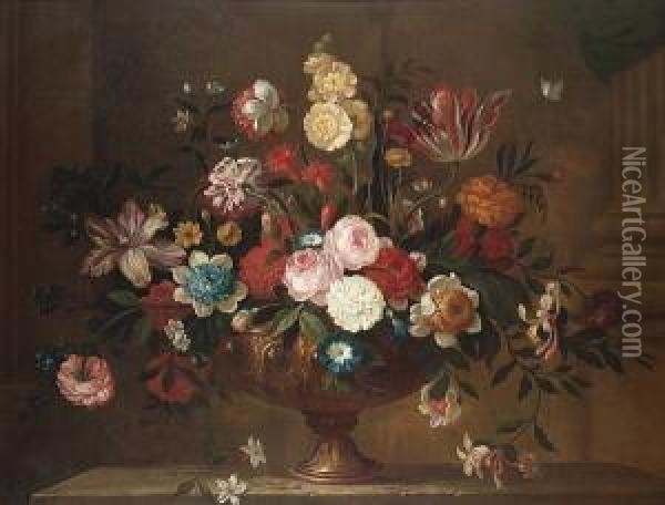 Tulips, Carnations, Roses, 
Honeysuckle And Morning Glory In A Bronze Urn On A Stone Ledge Oil Painting - Pieter Hardime