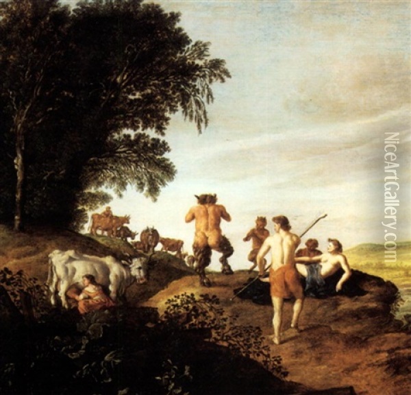 Shepherds And Satyrs In A Landscape Oil Painting - Anthony Jansz van der Croos