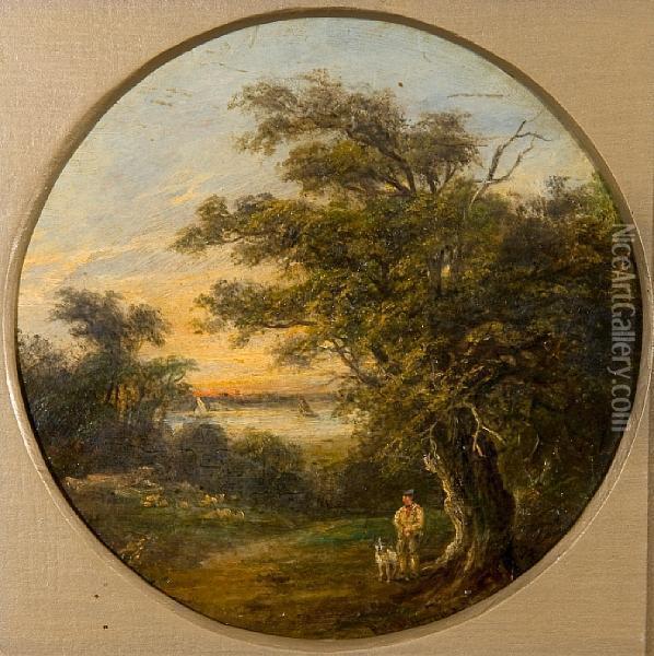 Man And Dog Beside A River, Possibly Theorwell Oil Painting - Robert Burrows