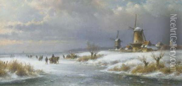 Winter In Holland With A Koek En Zopie On The Ice Oil Painting - Lodewijk Johannes Kleijn