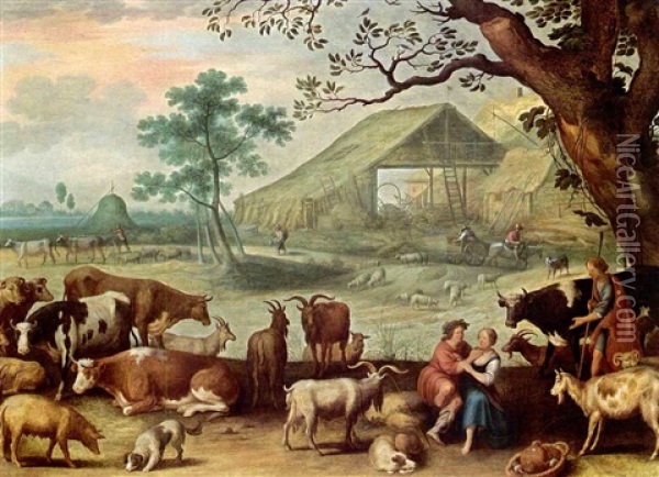 A Landscape With Amorous Shepherds And Their Herd With Another Shepherd Near A Tree In The Foreground, A View Of A Farm With A Horse-drawn Cart And Cows And Sheep Beyond Oil Painting - Willem van Nieulandt the Younger