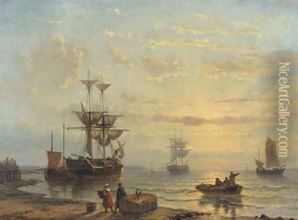Shipping in a quiet bay at sunset Oil Painting - George Willem Opdenhoff