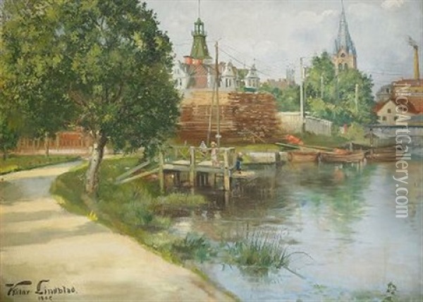 Stad Med Kyrka Och Fyr - Strandvy Oil Painting - Victor Lindblad