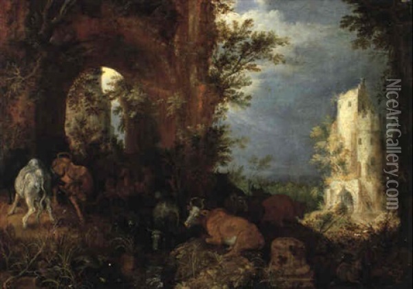 Cows, Deer, Waterfowl, Goats And Sheep By A Torrent Under An Arch Oil Painting - Roelandt Savery