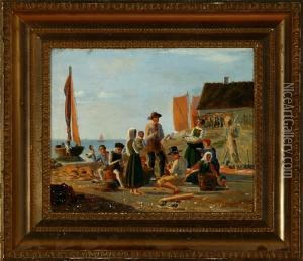 Fishermen Gathered Around The 
Catch Of The Day. Unsigned. Inscribed Verso J. Fritlaender. Oil On Canvas
 Mounted In Board. 23 X 28 Cm Oil Painting - Julius Friedlaender