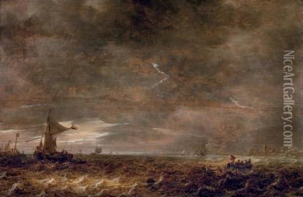 A Stormy Landscape With A Lightning Bolt Over The Haarlemer Meer Oil Painting - Jan van Goyen