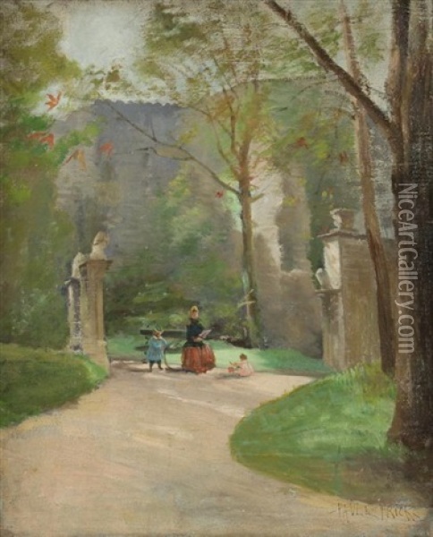 Mother And Children In Parisian Park Oil Painting - Paul De Frick