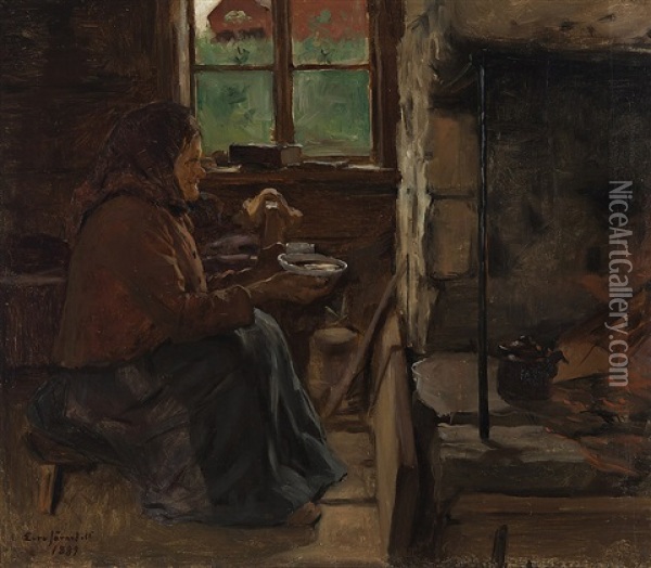 Grandma Drinking Coffee Oil Painting - Eero Jaernefelt