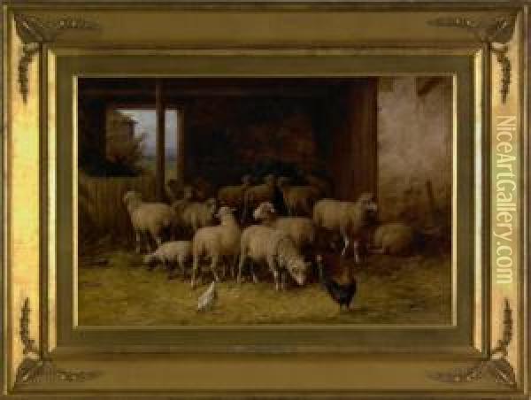 Barn Scene With Sheep Oil Painting - George A.E., Geo Riecke