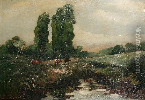 Cows By A Rural Stream Oil Painting - Sir Alfred East