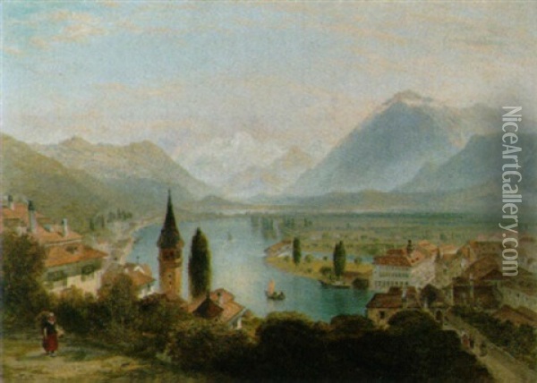 The River At Thun With The Bernese Alps In The Distance Oil Painting - Charles Marshall