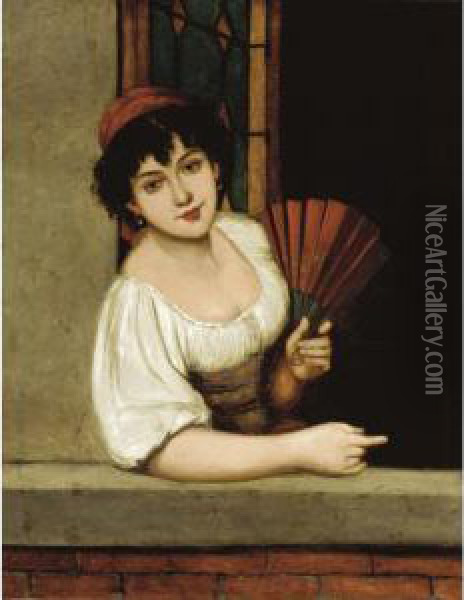 A Young Girl With A Hand Fan Oil Painting - Jules Salles-Wagner