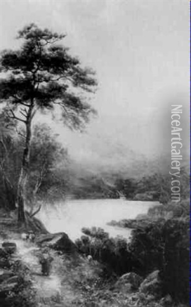 Figure In A Highland Lake Landscape Oil Painting - John MacWhirter