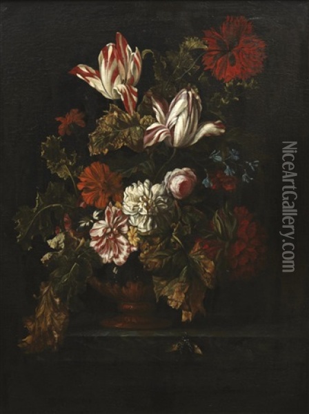 Bouquet De Fleurs Dans Un Vase Pose Sur Un Entablement Oil Painting - Jacques Samuel Bernard