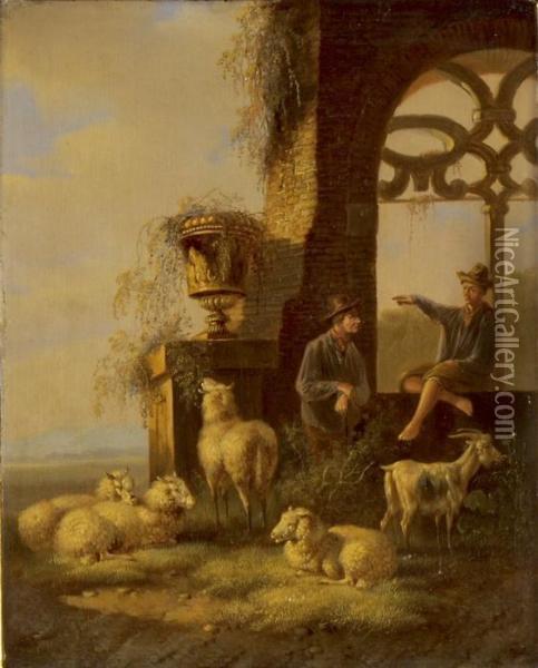 Schaf- Und Ziegenhirte In Einer Ruine Oil Painting - Albertus Verhoesen