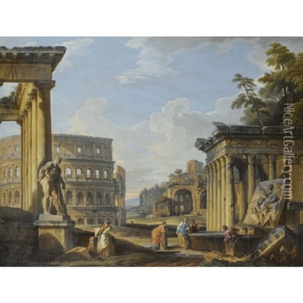 Capriccio Of Classical Ruins With The Temple Of Antonius And Faustina, The Colosseum, The Basilica Of Maxentius And The Temple Of Venus And Rome, A Man Admiring The Farnese Hercules While Others Converse With Washerwomen Near A Sculpted Relief Of A Sacrif Oil Painting - Giovanni Paolo Panini