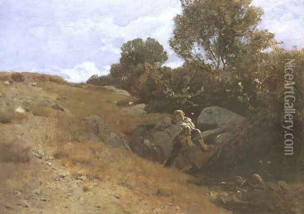 Landscape with Sleeping Boy 1870-75 Oil Painting - Geza Meszoly