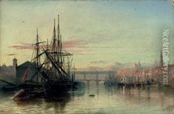 The River Tyne, Newcastle: Sunset Oil Painting - Robert Jobling