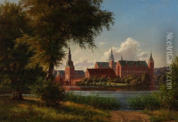 Frederiksborg Castle Seen From The Edge Of The Lake Oil Painting - Carsten Henrichsen