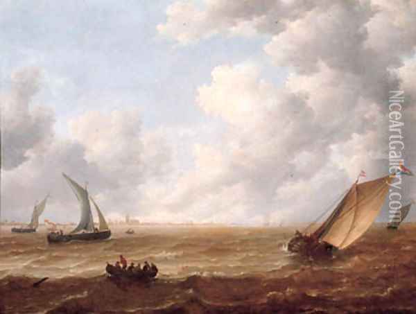 A wijdschip tacking offshore in a stiff breeze with a smalschip and sailors in a rowing boat nearby, on a cloudy day Oil Painting - Hieronymus Van Diest