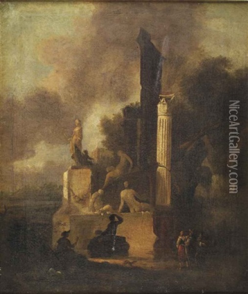 An Italianate Landscape With A Marble Sculpture, A Roman Column And Classical Ruins, An Artist Drawing And Figures Conversing In The Foreground Oil Painting - Charles Cornelisz de Hooch