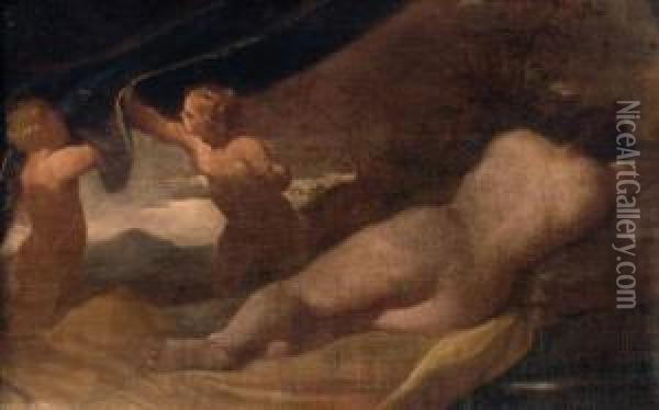 Ruckenakt Einer Venus In Landschaft Mit Zwei Amoretten Oil Painting - Agostino Carracci