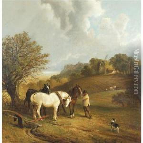 Sussex Landscape With Horses And Ploughman In The Foreground Oil Painting - Edwin Long Meadows