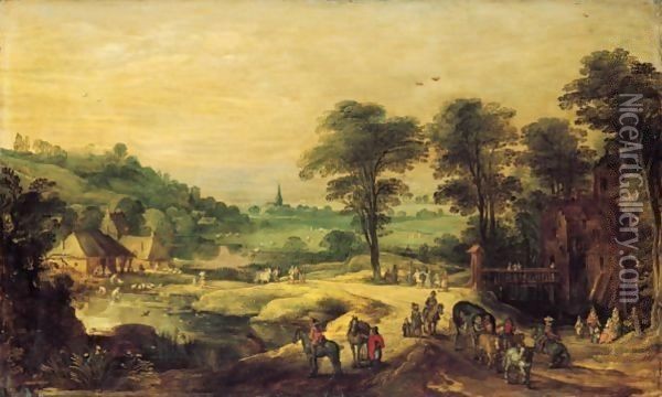 Extensive Landscape With Travellers On A Road Outside A Chateau With A Village Beyond Oil Painting - Josse de Momper