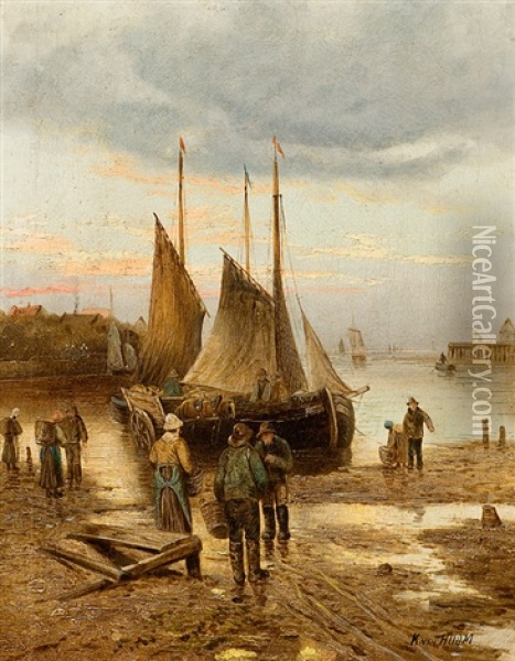 Fischerboote In Abendstimmung Oil Painting - Ludwig Hermann