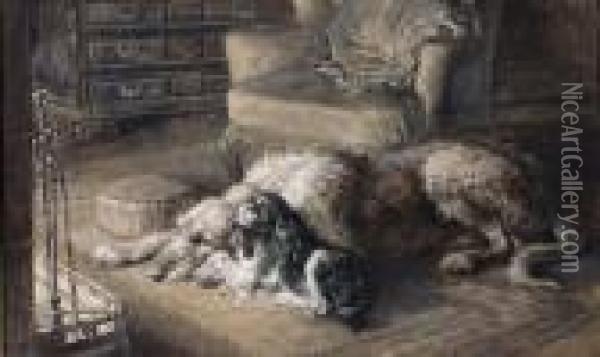 Adeer Hound And King Charles Spaniel By A Fireside Oil Painting - Herbert Thomas Dicksee