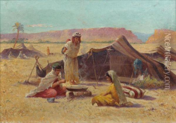 Campement Nomade A El Kantara Oil Painting - Alexis-Auguste Delahogue