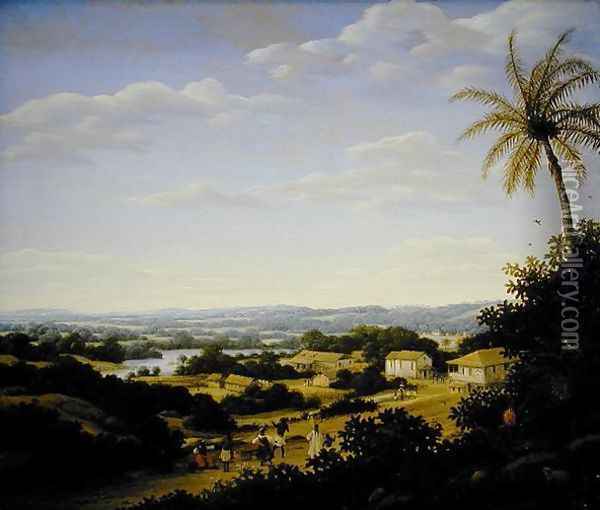 Brazilian landscape with natives on a road approaching a village, 1665 Oil Painting - Frans Jansz. Post