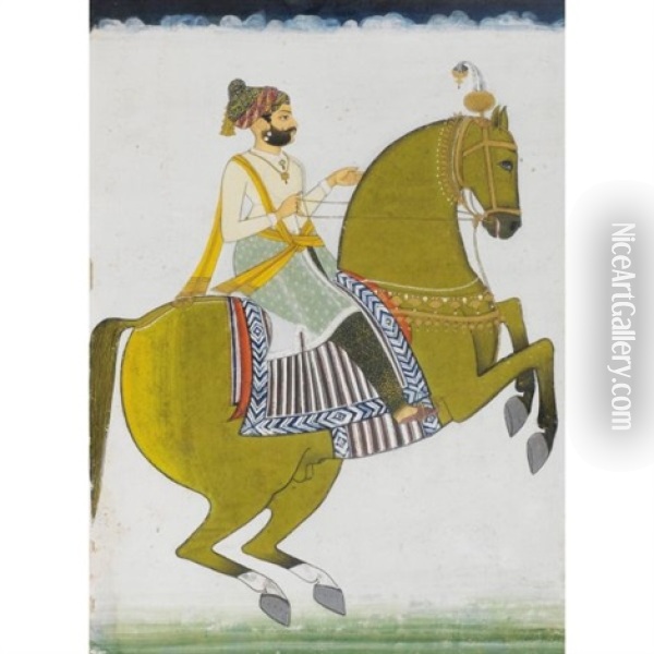 Un Portrait Equestre (+ Un Portant En Pied; 2 Works) Oil Painting -  Indian School-Jodhpur (19)